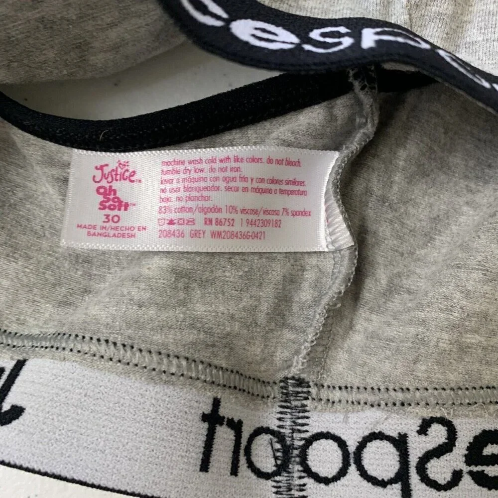 Justice Girls Gray Sports Yoga Bra Size 30 Logo Spell Out New
